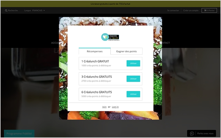 The loyalty widget on CreaLunch's online store include rewards and earning options information. 