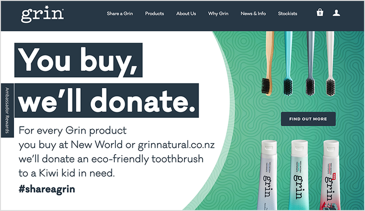 The homepage of Grin Natural's website with the message "You buy, we'll donate".