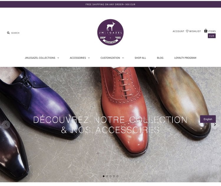 JMLEGAZEL’s website features a large image of their hand-made patina shoes.